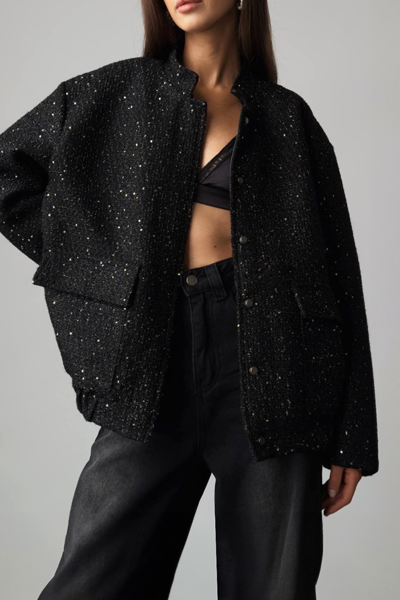 Brigida | Casual everyday outerwear with solid color sequins, patchwork and stand-up collar
