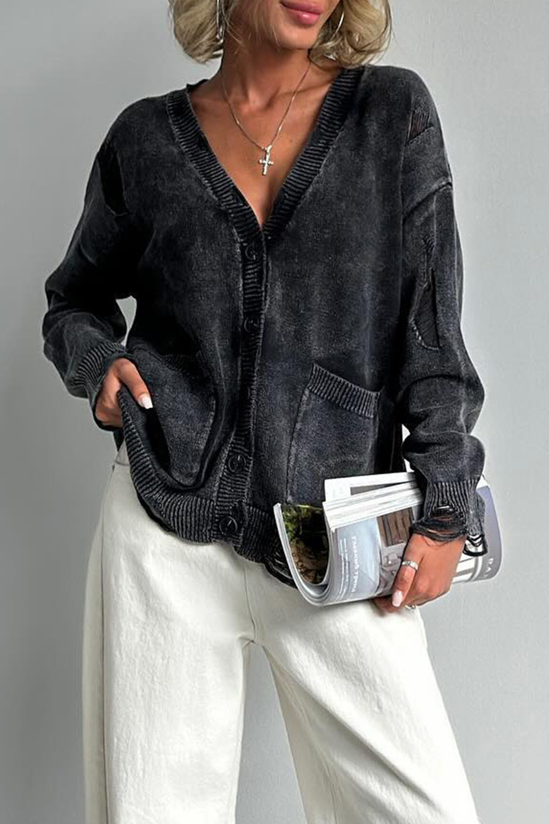 Britt | Casual everyday outerwear with solid color ripped pockets, buttons and V-neck