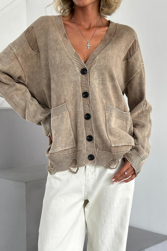 Britt | Casual everyday outerwear with solid color ripped pockets, buttons and V-neck
