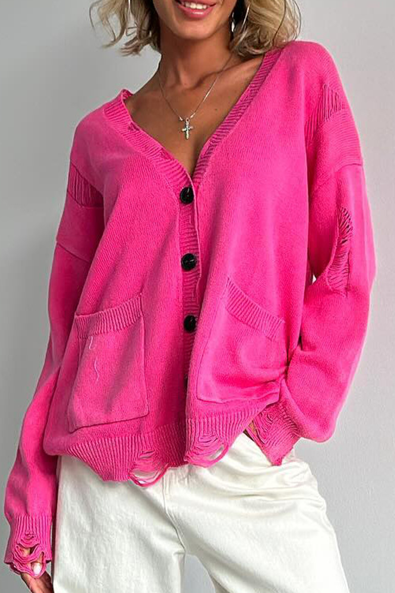 Britt | Casual everyday outerwear with solid color ripped pockets, buttons and V-neck