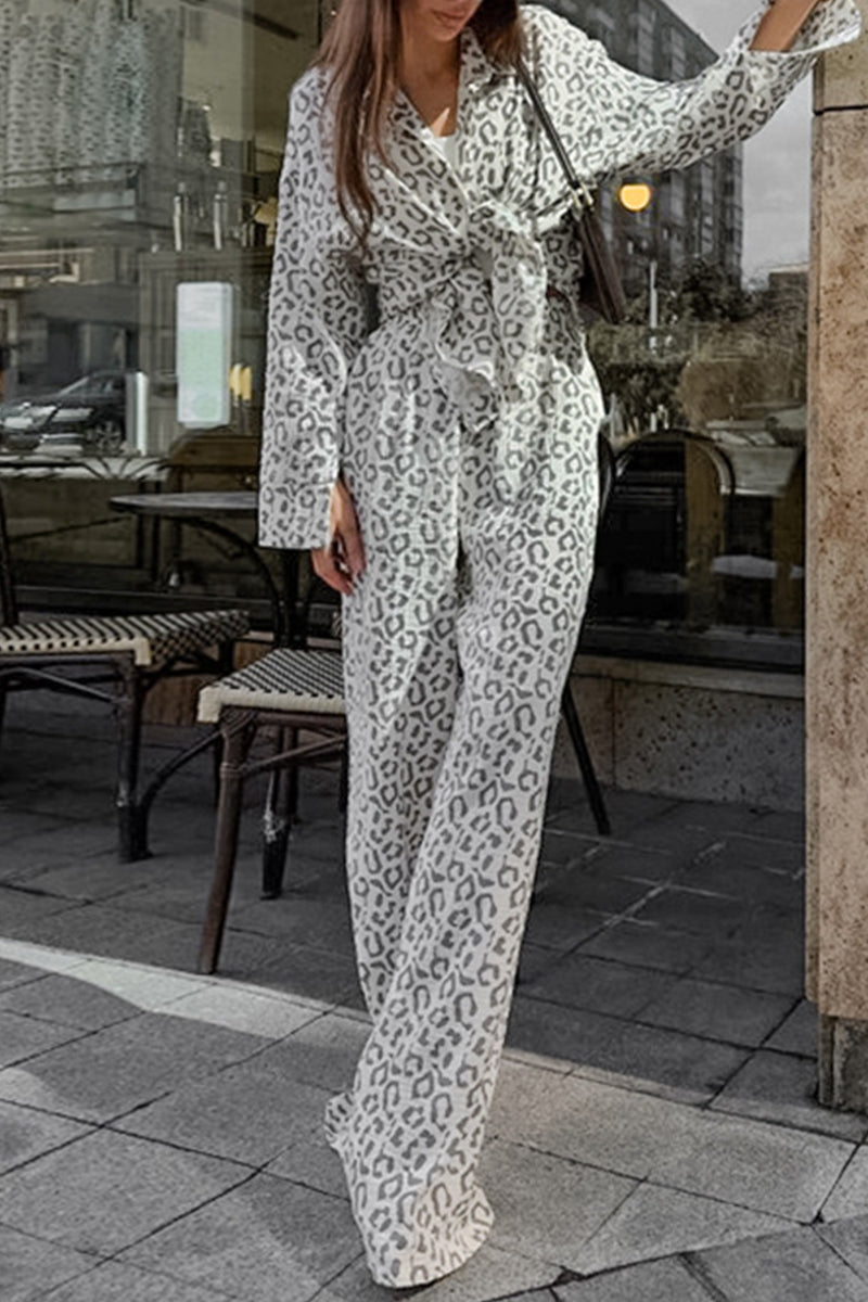 Carlota | Casual street patchwork leopard print turn-down collar long sleeve two piece