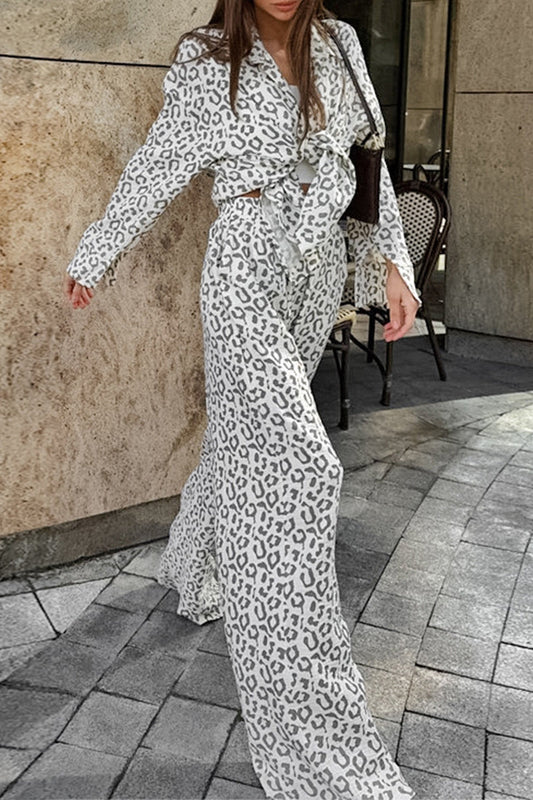 Carlota | Casual street patchwork leopard print turn-down collar long sleeve two piece