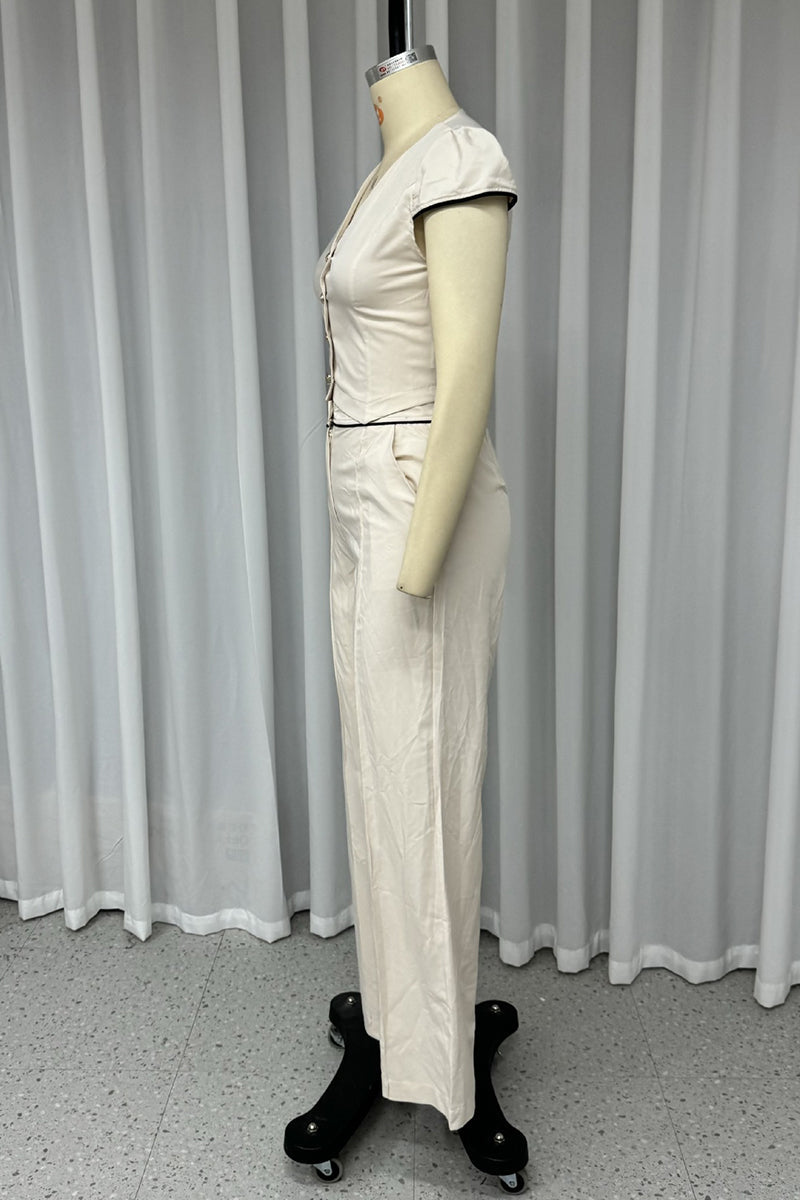 Carla | Casual solid color pocket buttons V-neck short sleeve two-piece suit