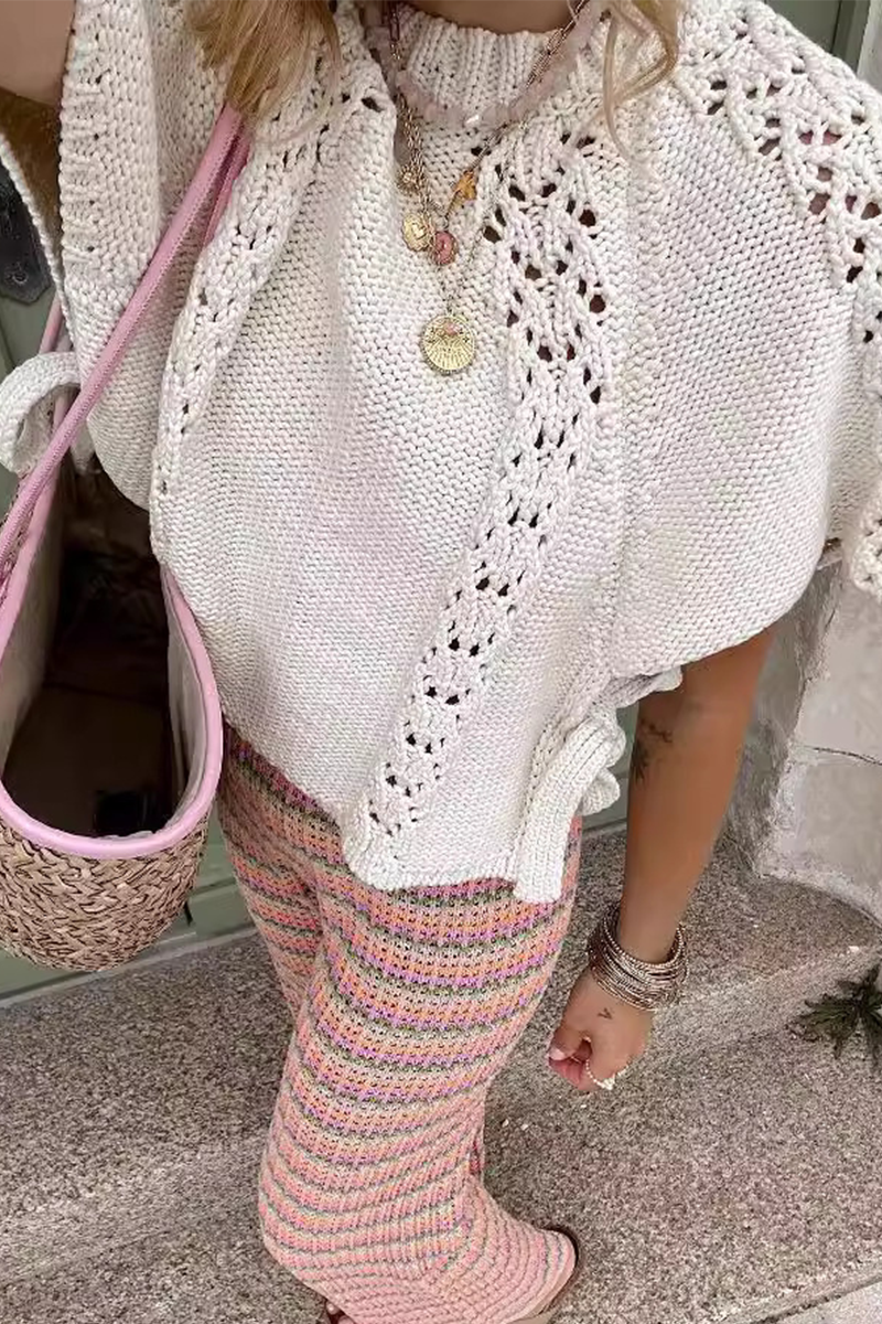 Catalina | Casual solid color hollow out drawstring woven O-neck sweaters