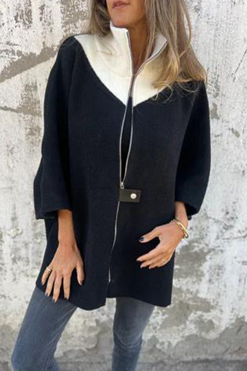 Carolina | Casual patchwork outerwear with zip fastening and contrast stand-up collar