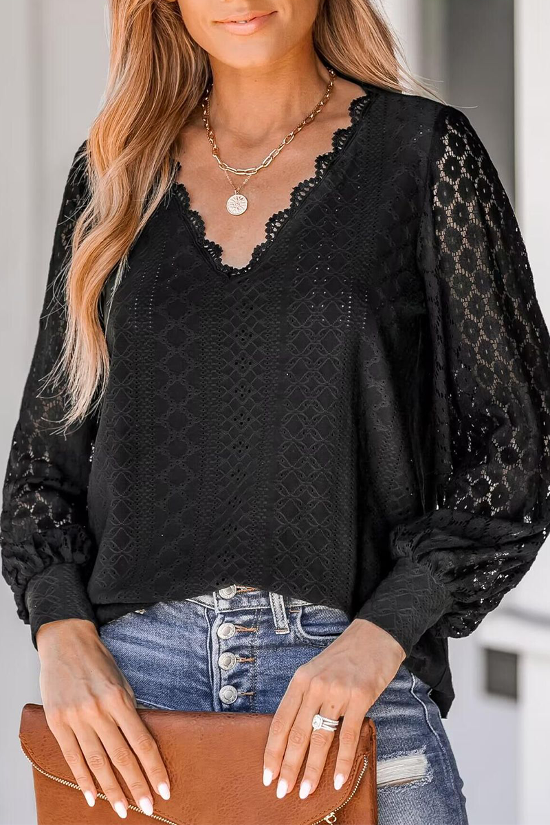 Celia | Casual street blouses made of plain lace with a V-neck