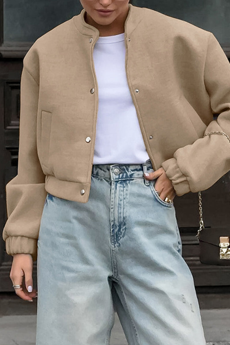 Charlotte | Casual street outerwear with plain pocket large mandarin collar
