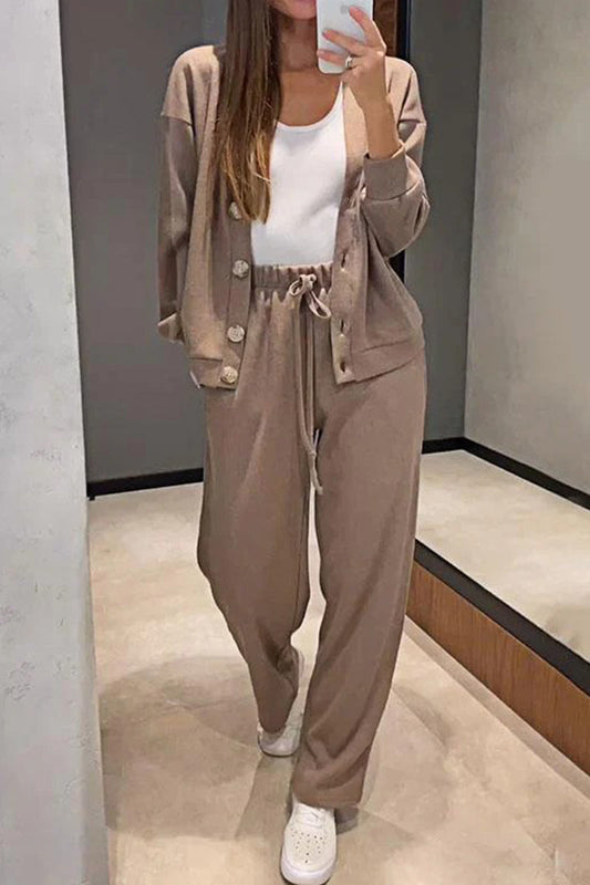 Chantal | Casual, daily, solid color two-piece suit with lace-up, buttons, V-neck and long sleeves