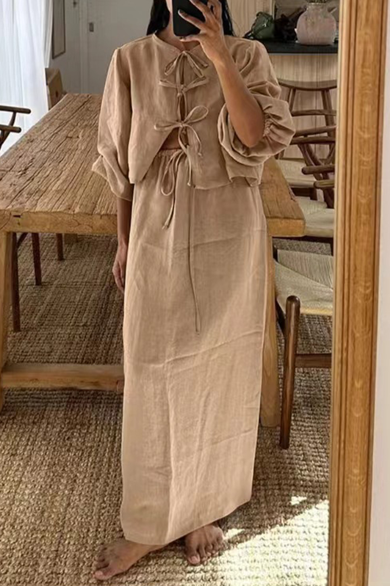Clara | Casual daily solid color lace-up two-piece suit with O-neck and long sleeves