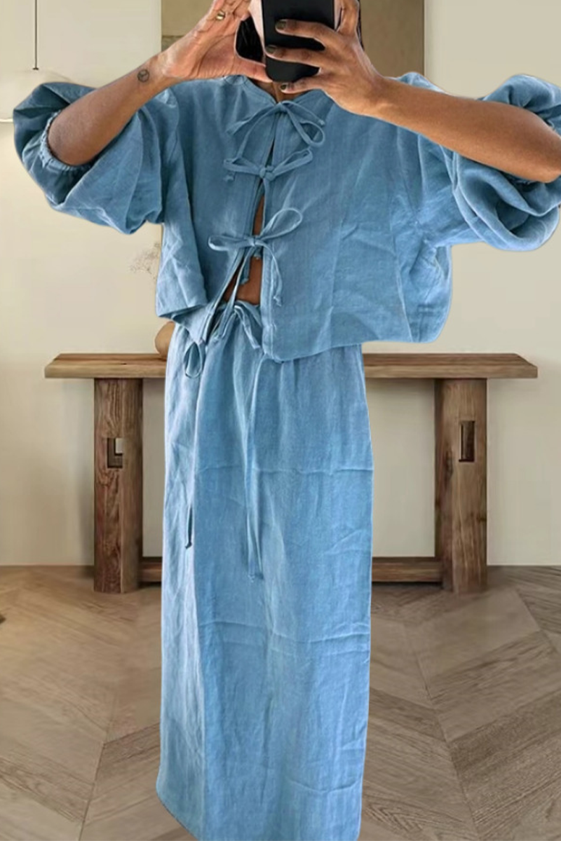 Clara | Casual daily solid color lace-up two-piece suit with O-neck and long sleeves
