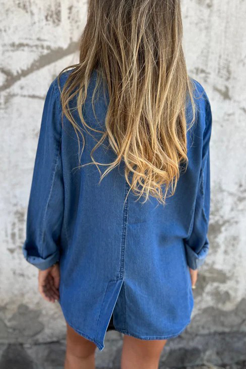 Daisy | Casual, everyday denim jacket with solid color buttons and patchwork turn-down collar, long sleeves and loose fit