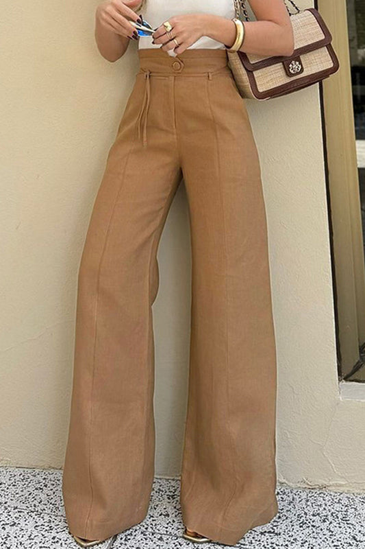 Doris | Casual, daily, solid color, with pockets, lace-up buttons, loose, solid color, high waist trousers with speakers