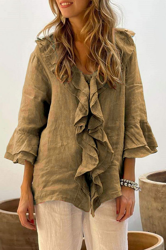 Edda | Casual solid color blouses with ruffles and V-neck for everyday wear