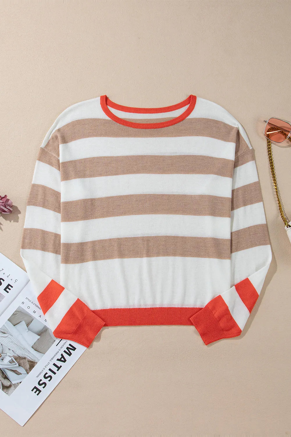 Loretta | Contrasting striped long-sleeved knitted top with a crew neck