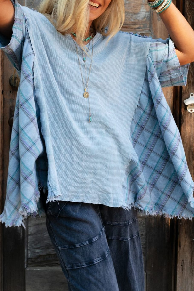 Emma | Casual t-shirts with checkered distressed patchwork contrast and V-neck