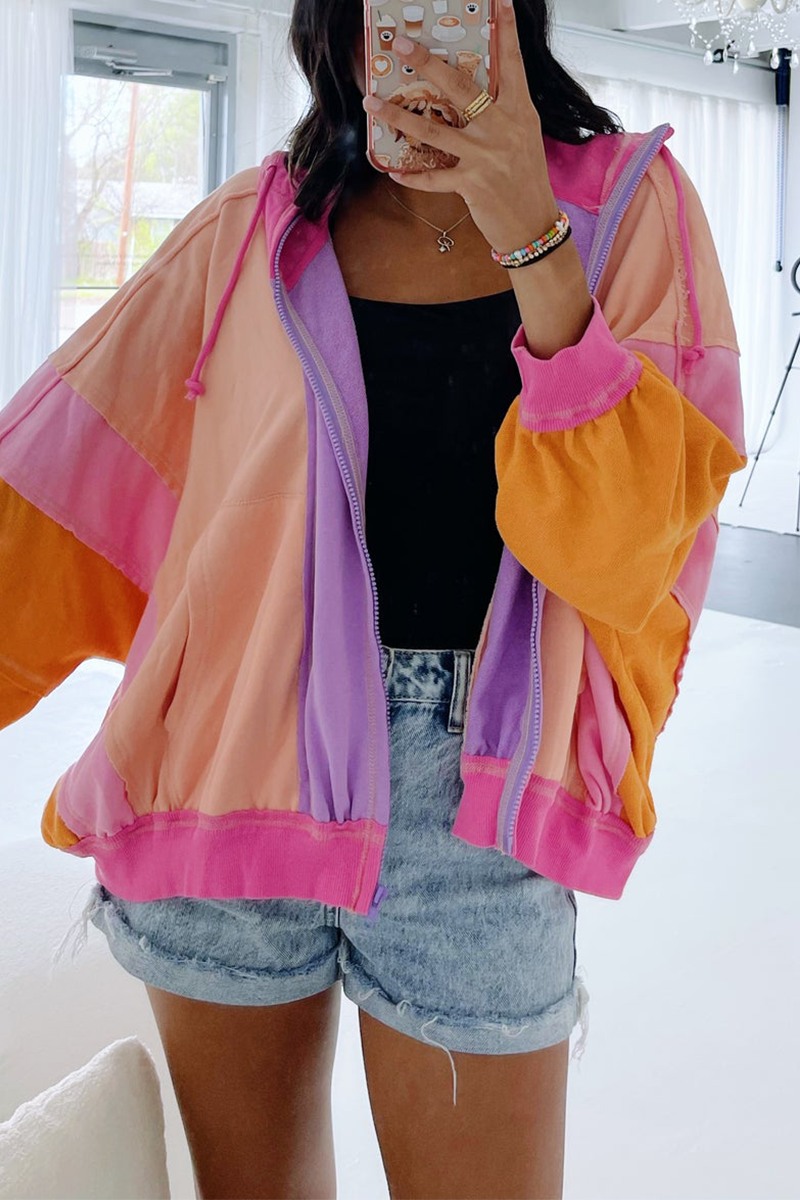 Emilia | Casual color block patchwork contrast hooded tops