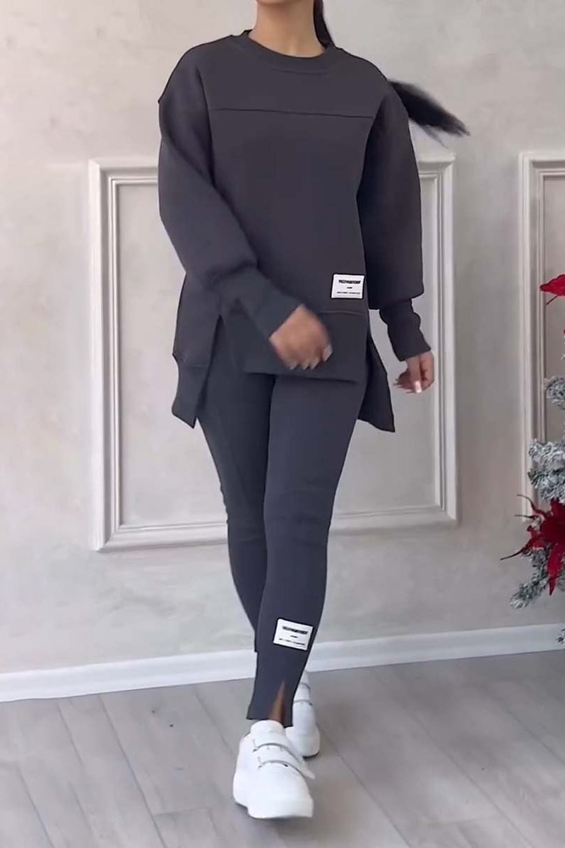 Fabienne | Casual daily letter print, patchwork slit, O-neck, long sleeves, two piece