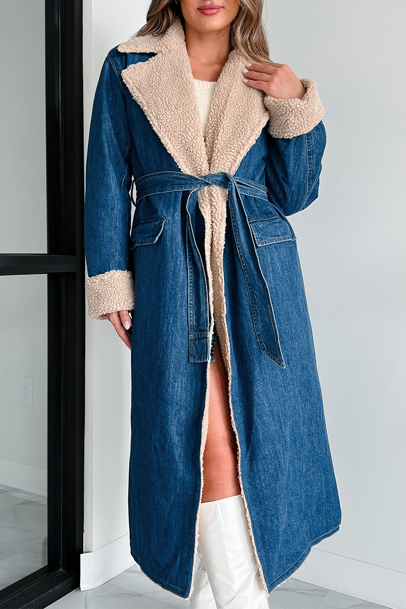 Gudrun | Casual street pocket outerwear with lace up and patchwork turn down collar