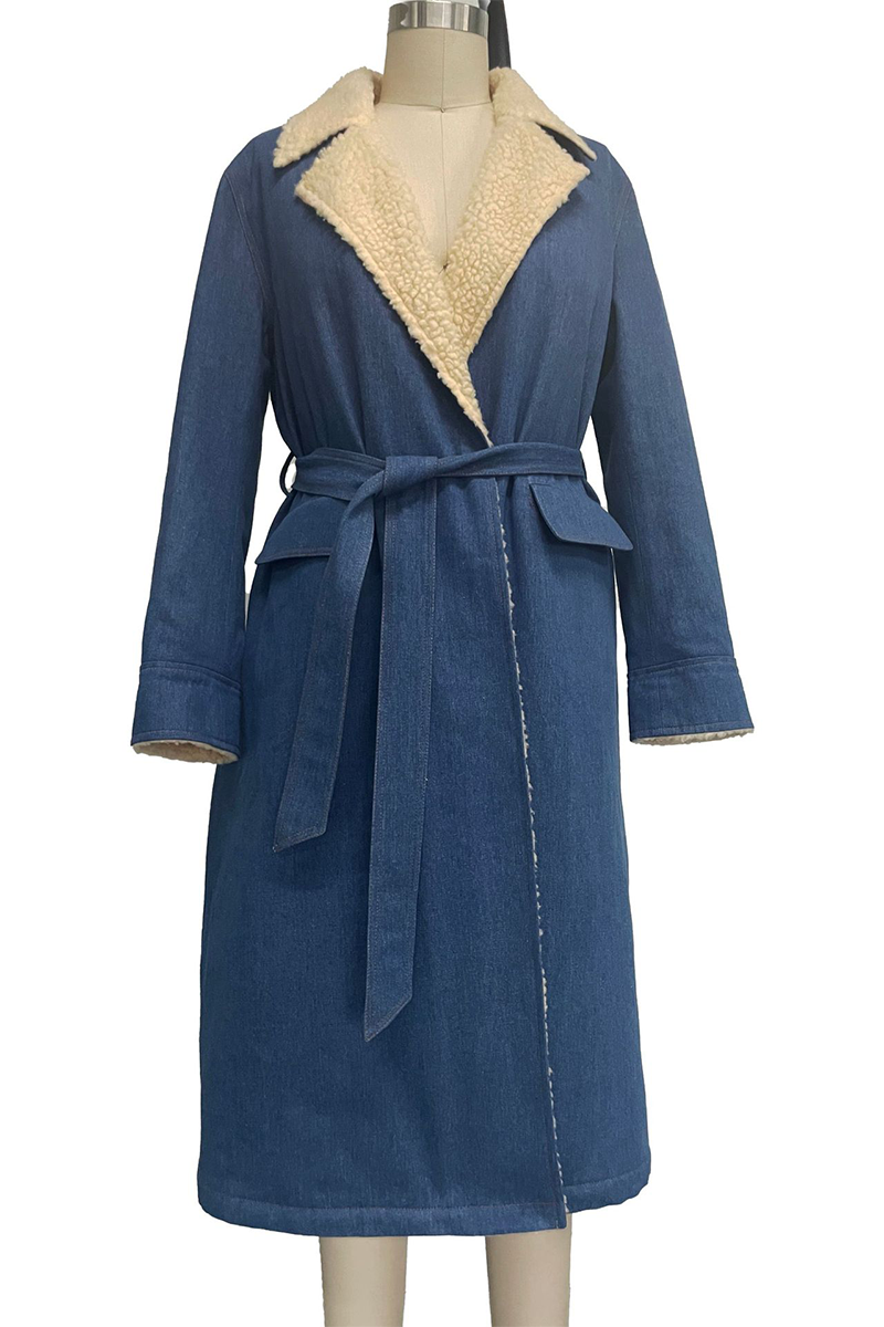 Gudrun | Casual street pocket outerwear with lace up and patchwork turn down collar