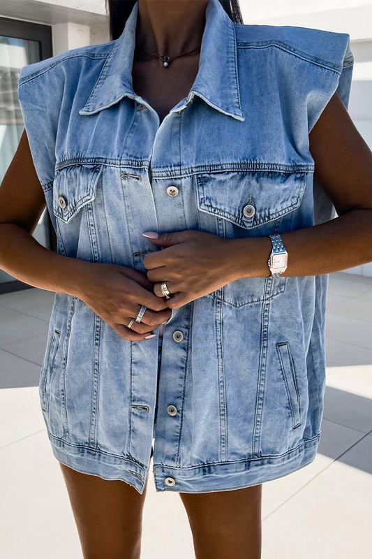 Griselda | Casual denim jacket with distressed buttons, turn-down collar, sleeveless, loose
