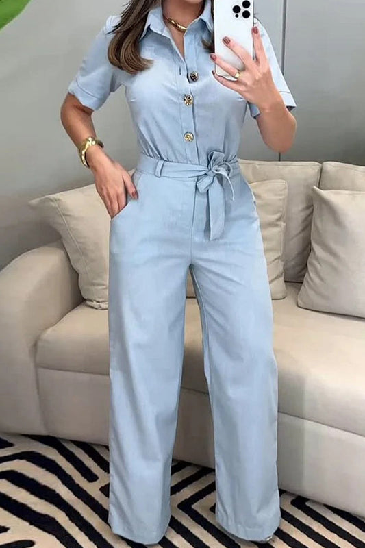 Guillermina | Casual, daily, loose jumpsuits with pockets and lace-up buttons and turn-down collar