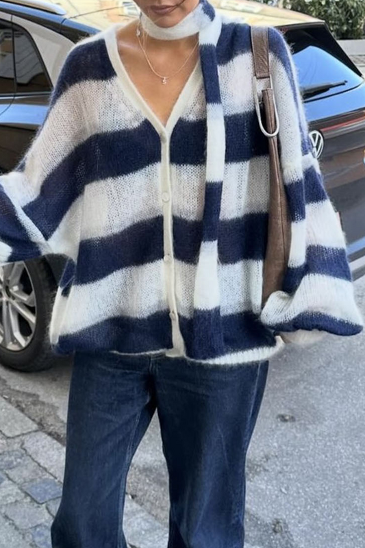 Heleen | Casual cardigans with stripes and buttons and contrast V-neck