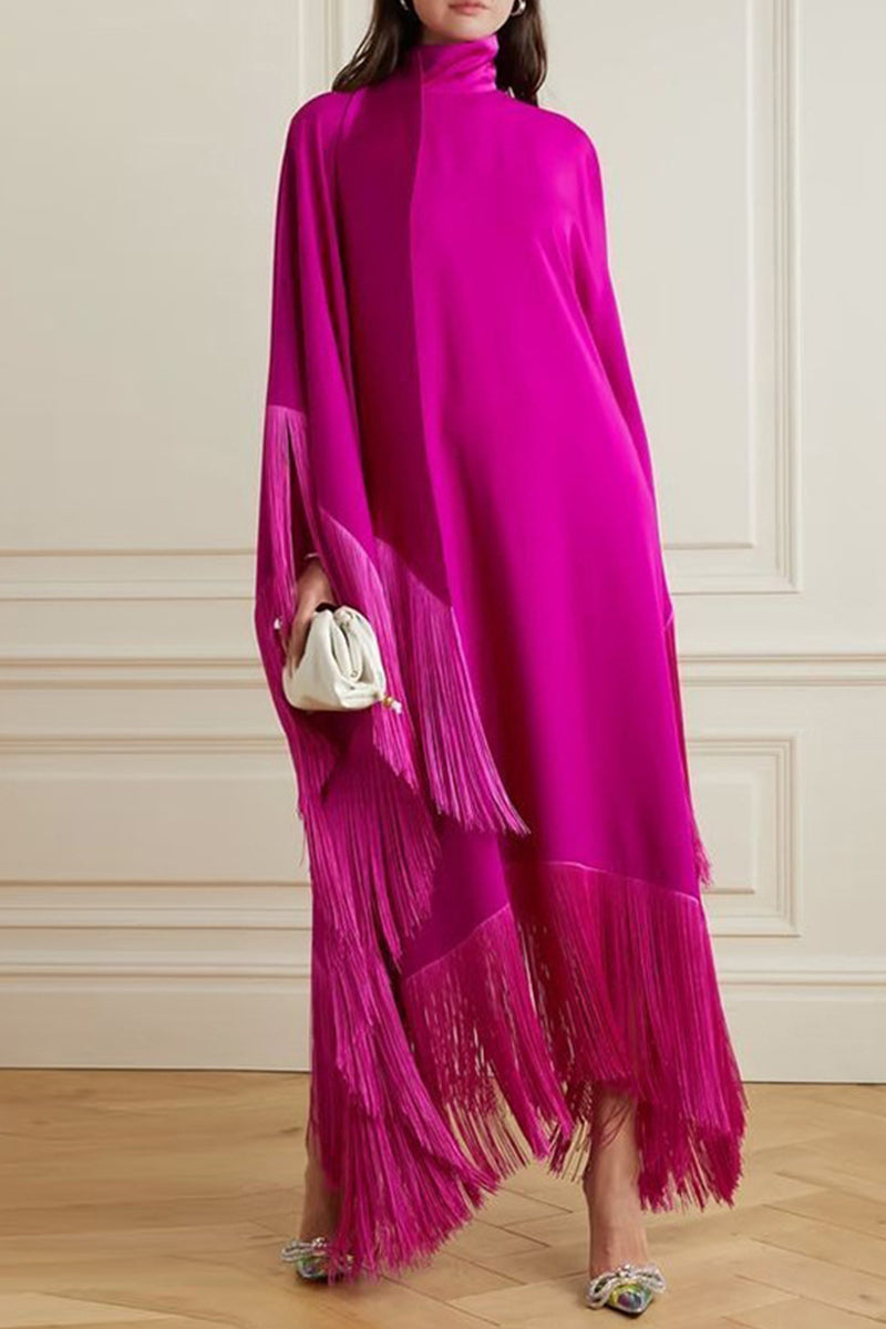 Helga | Casual long dresses with irregular turtleneck and fringe trim