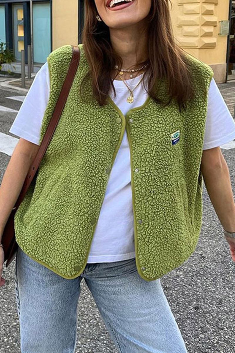 Holly | Casual street pocket buttons, fluffy O-neck vests