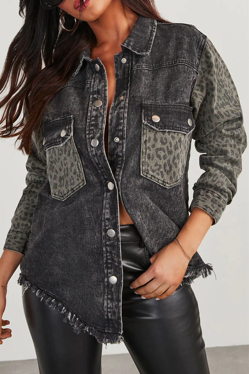Ida | Casual Street Leopard Distressed Buttons Patchwork Turndown Collar Outerwear
