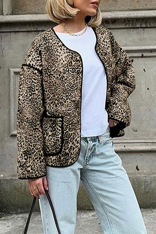 Joana | Casual street outerwear with leopard pocket patchwork and O-neck