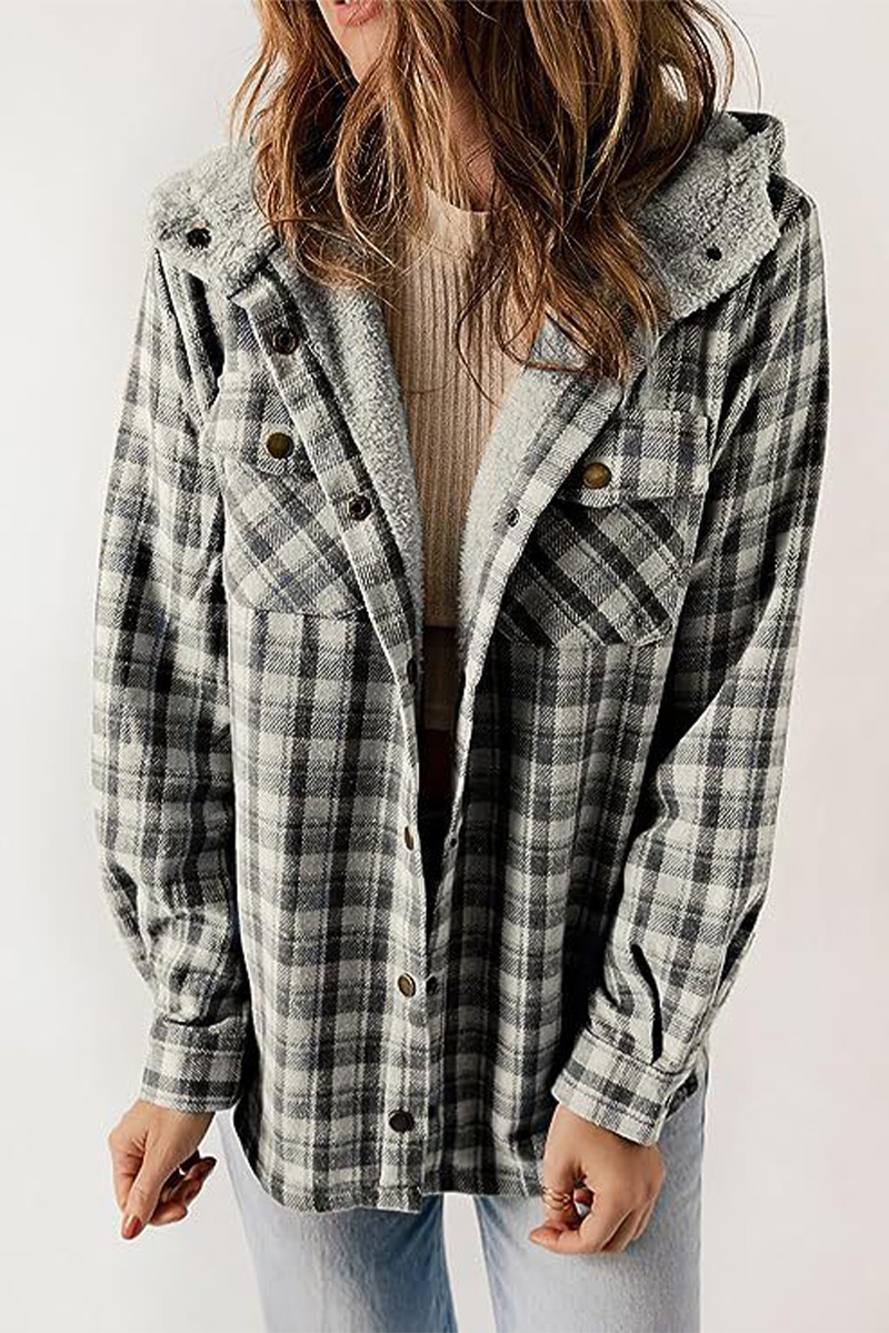 Katell | Casual fluffy contrast hooded outerwear with check pockets