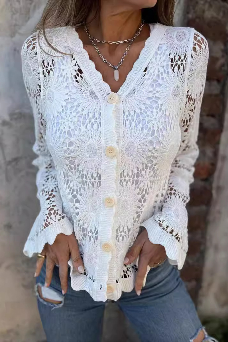 Lea | Casual lace blouses with hollowed out buttons and V-neck