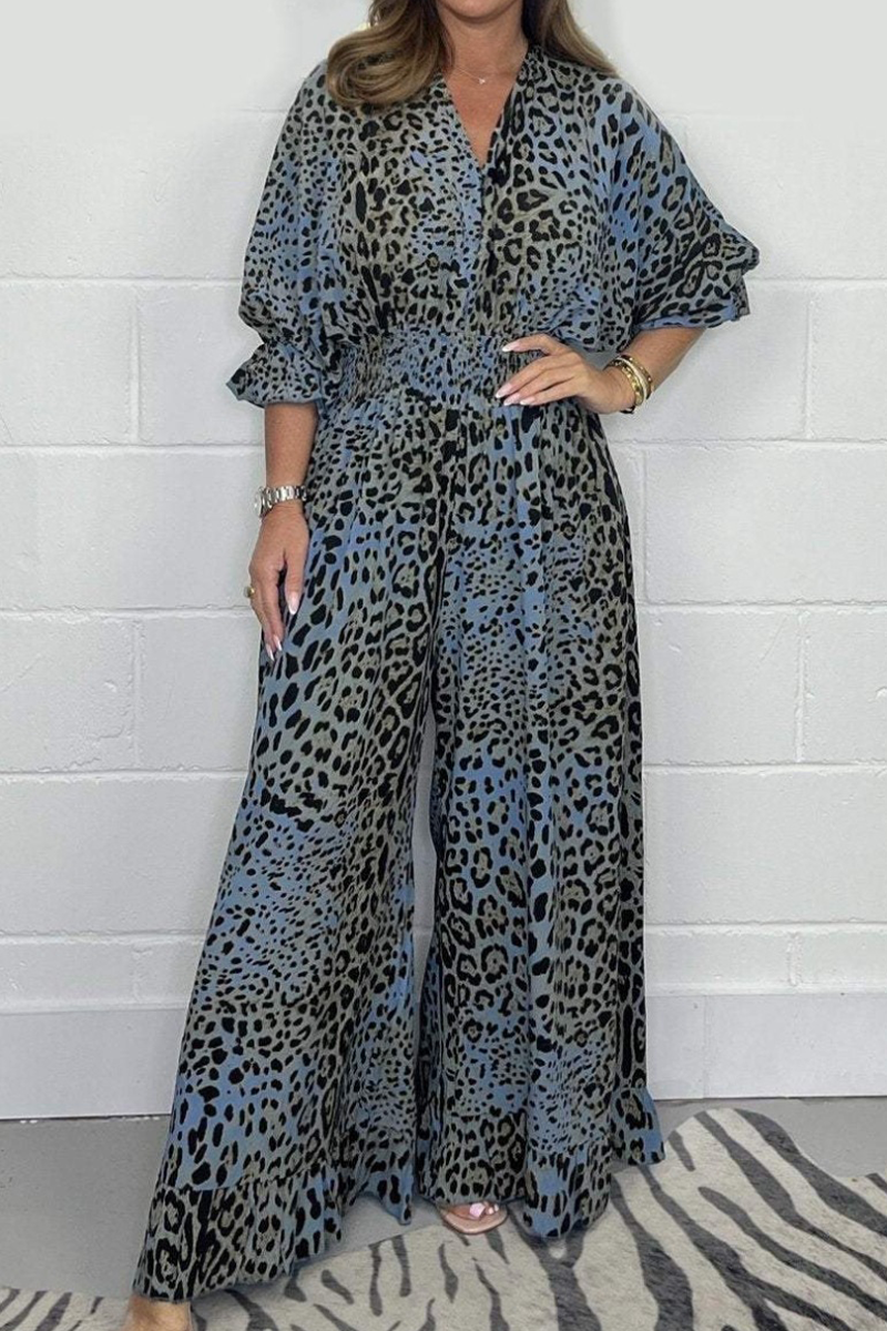 Lena | Casual loose jumpsuits with leopard contrast and V-neck