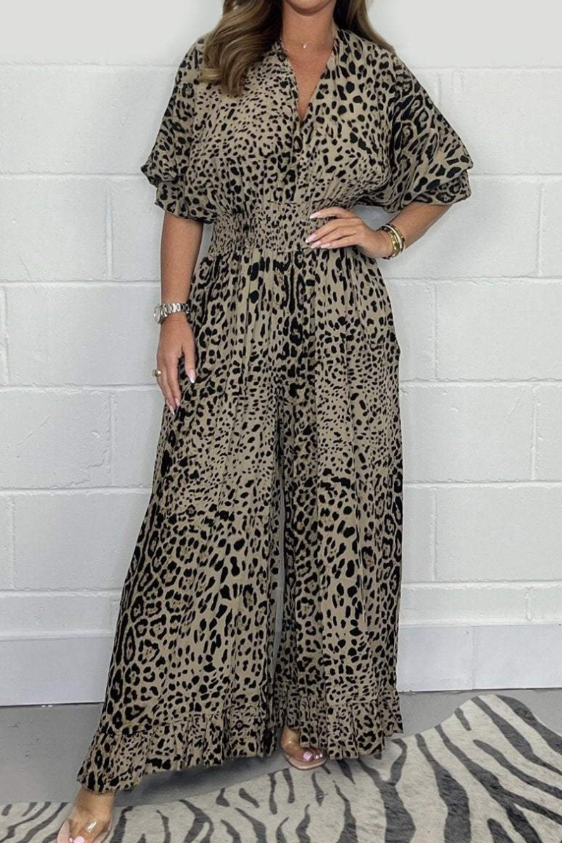 Lena | Casual loose jumpsuits with leopard contrast and V-neck