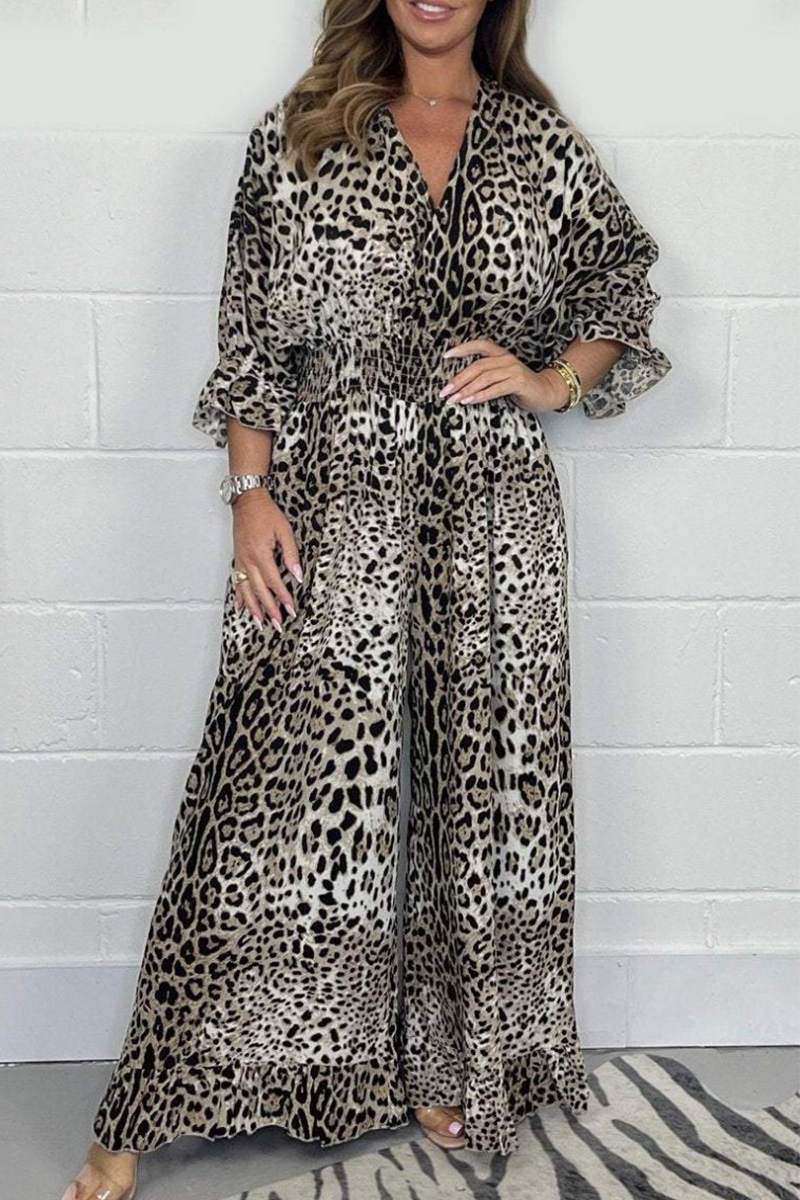 Lena | Casual loose jumpsuits with leopard contrast and V-neck