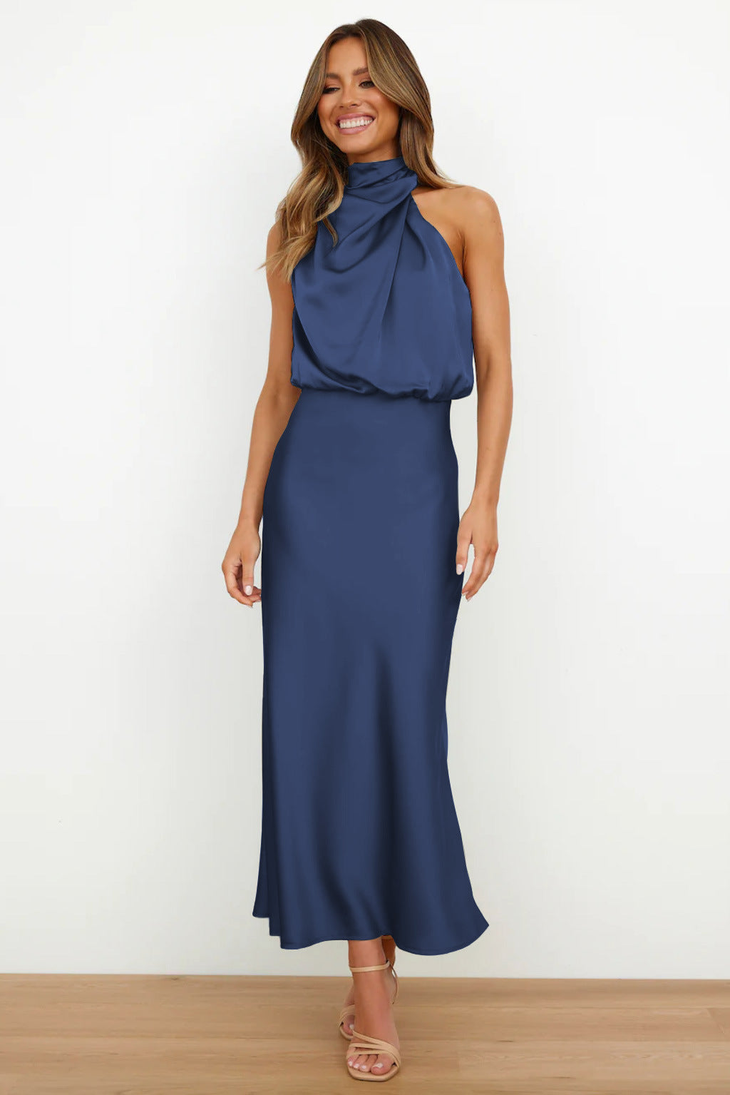 Vanessa® | Long Satin Dress With American Neckline