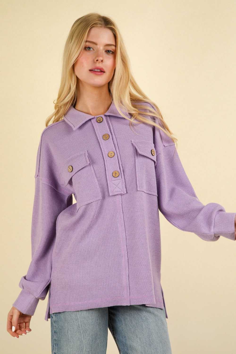 Amelia | Half button knit top with collar and pockets