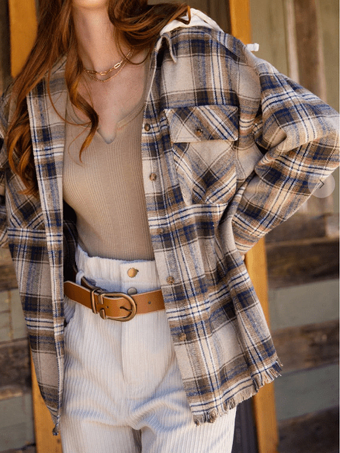 Carmen | Checked long sleeve hooded jacket with raw hem