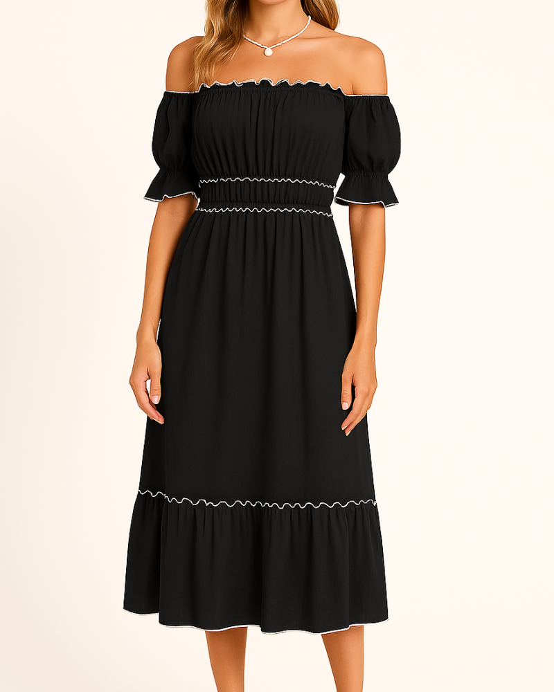 Jamie® | Elegant Off-The-Shoulder Midi Dress