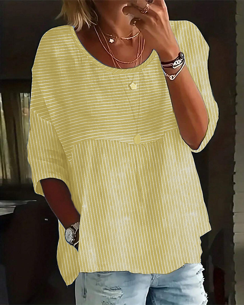 Nayla® | Casual Striped Loose Fit Button-Front Blouse For Women. Striped Blouse With Round Neck And Half-Length Sleeves.