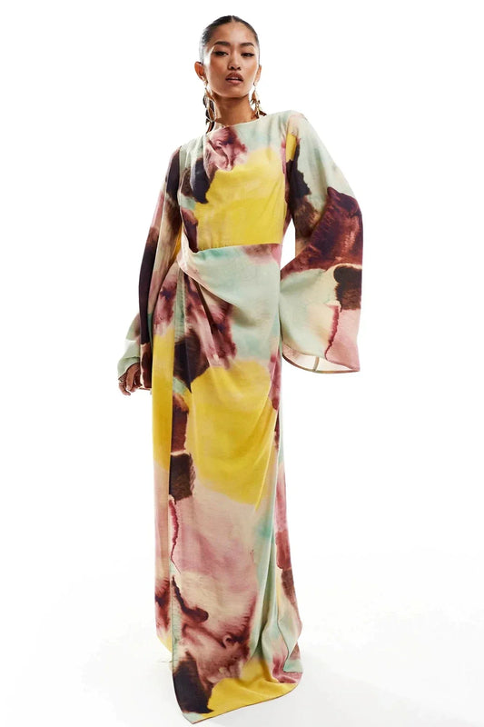 Mila® | Ultra-Long Dress With Abstract Watercolor Print