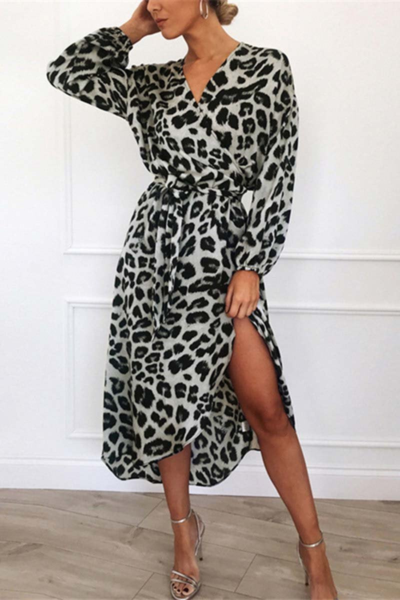 Lucia® | Elegant V-Neck Midi Dress With Leopard Print Waistband