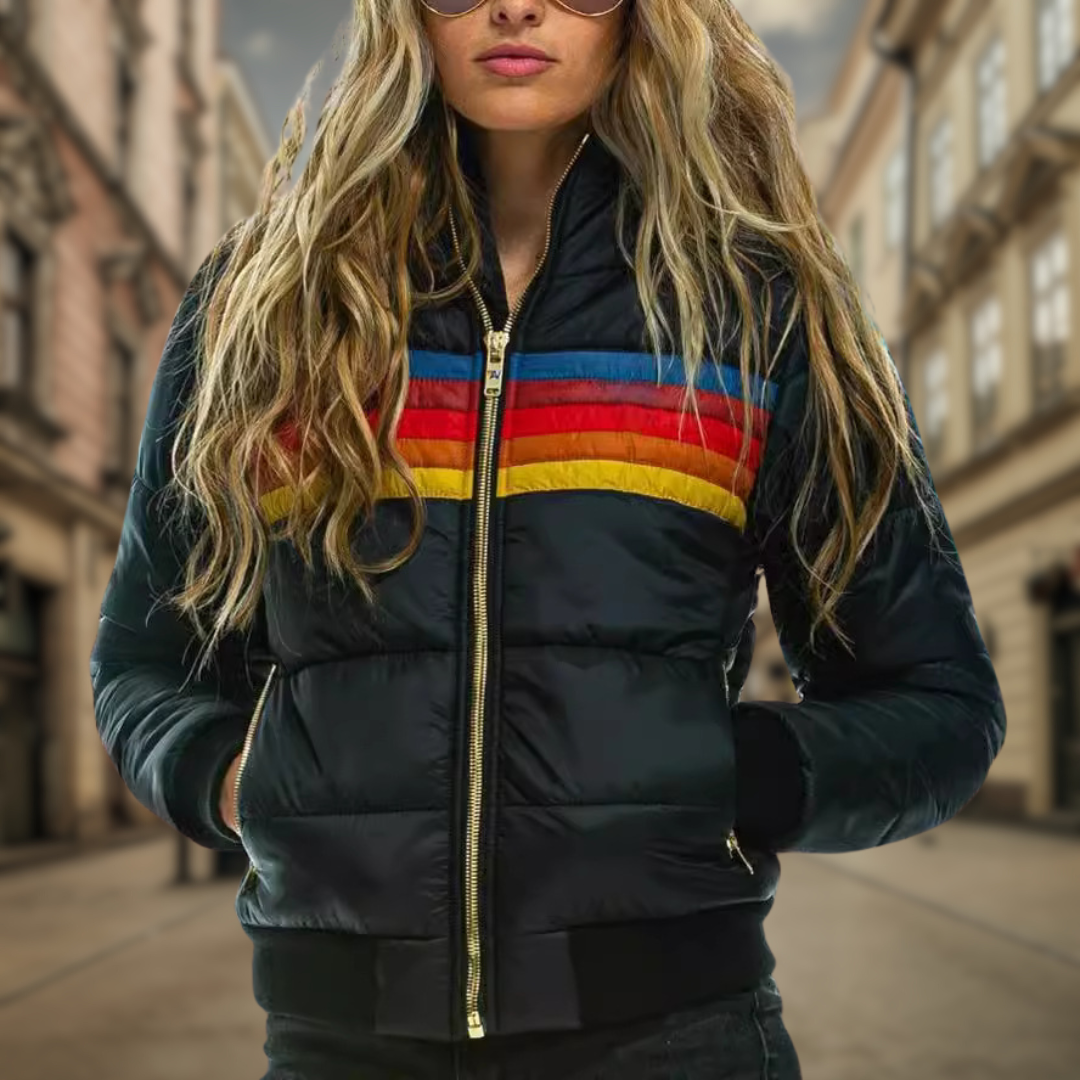 Luisa | Retro quilted jacket with bold color accents and stripes