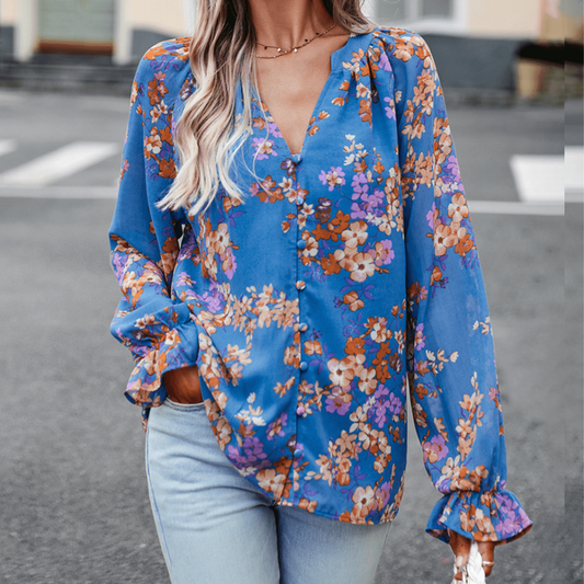 Lisa® | Elegant Floral Long-Sleeved V-Neck Blouse
