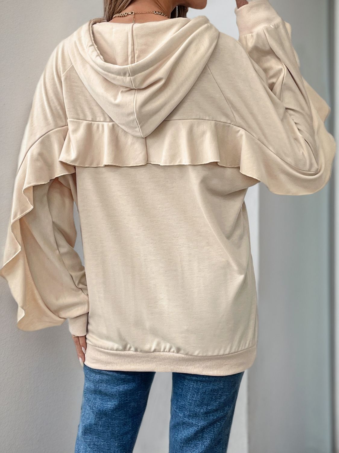 Mariana | Perfee Drawstring Ruffle Long Sleeve Hoodie