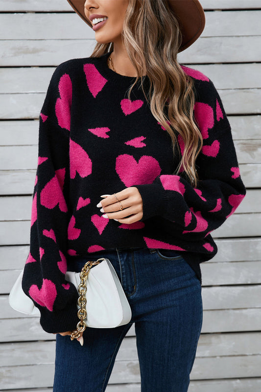 Alida | Heart contrast crew neck long sleeve sweater