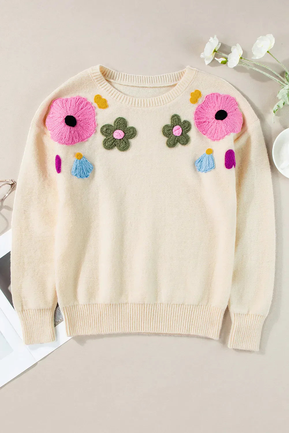 Adele | Oversized long sleeve crochet floral crew neck sweater