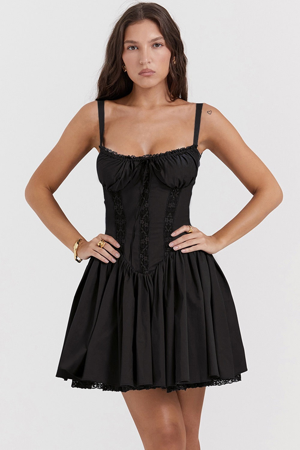 Lace Panel Spaghetti Strap Waist-cinched Sexy Mini Dress