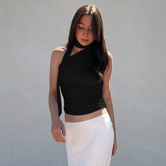 Evelyn® | Fashionable Sleeveless Wrap Top With Scarf