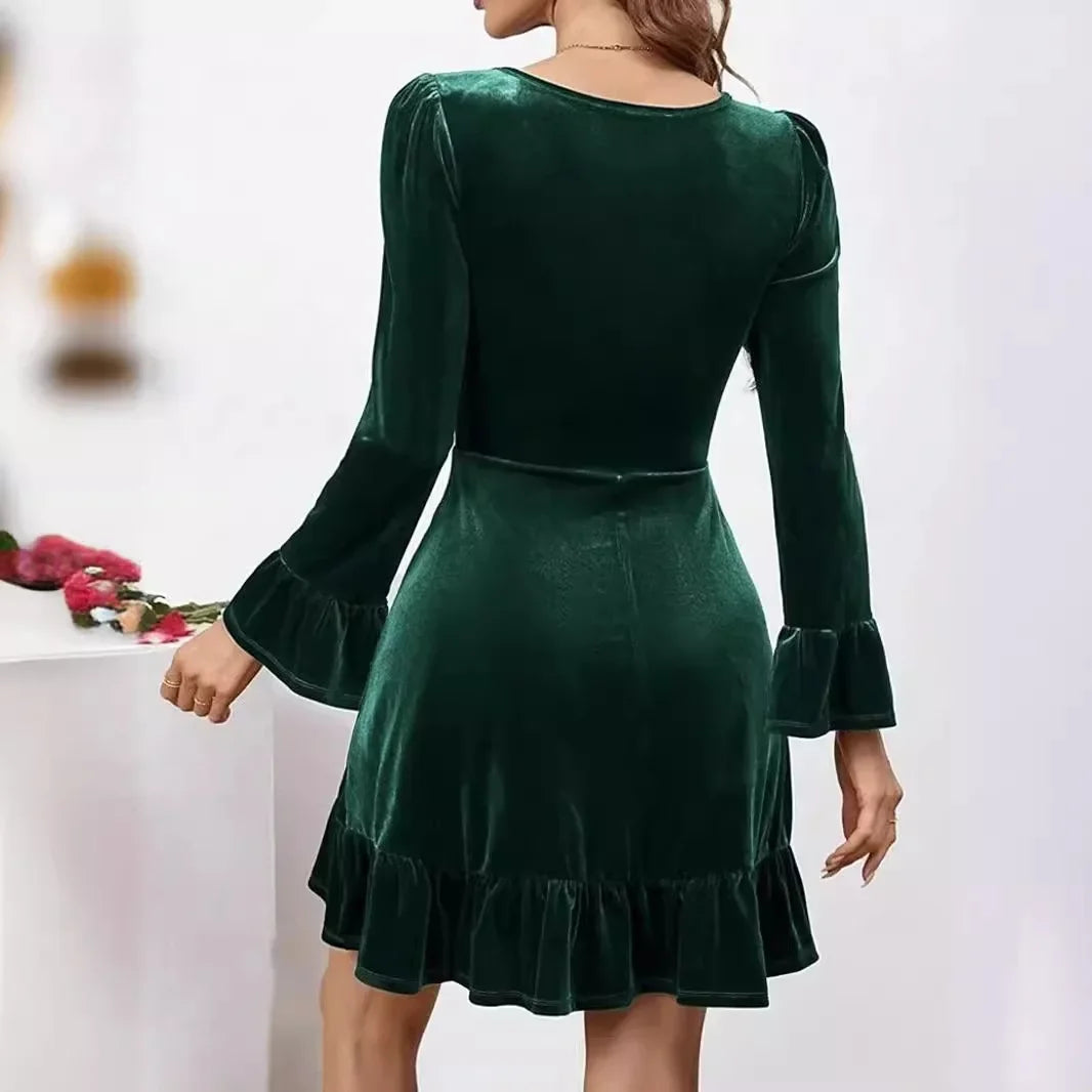 Autumn Winter A-Line Ruffles Elegant Party Golden Velvet Mini Nightdress Party Dress